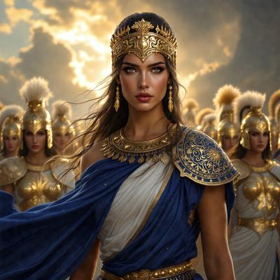 The primary subject of the image is a woman wearing a blue dress and a gold crown. She is standing in front of a group of women, who are also wearing gold crowns. The setting appears to be a historical or mythological scene, as the women are dressed in ancient-looking outfits. The visual style of the image is a painting, which adds to the historical and mythological atmosphere. The colors in the painting are predominantly gold and blue, creating a sense of elegance and grandeur.